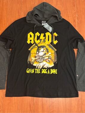 NWT AC/DC Black/Grey Layered Graphic Hoodie Shirt Size XL